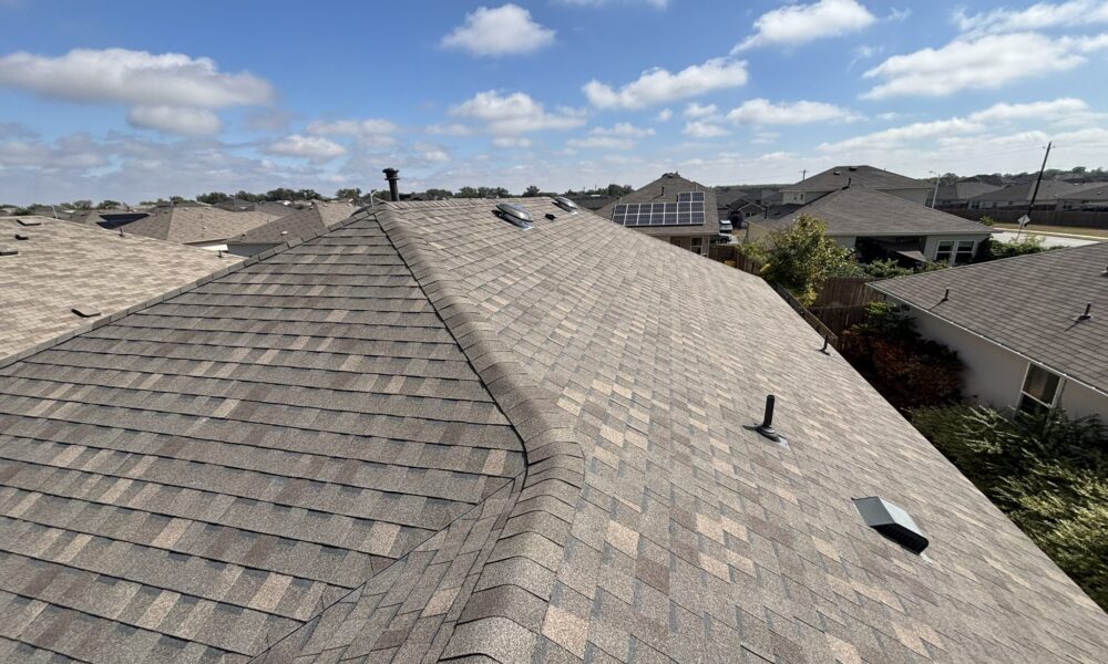 Close-up of GAF dimensional asphalt shingles used for a residential roofing project in Hutto